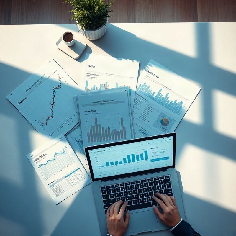 Vista cenital de informes económicos impresos y un panel de datos en pantalla