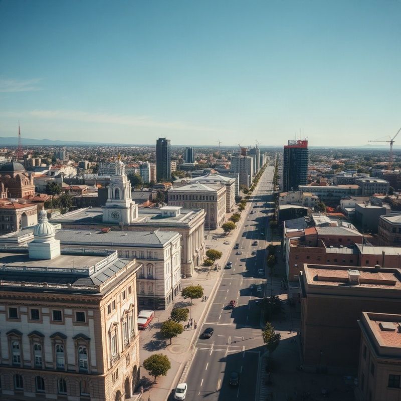 Vista aérea de una ciudad del interior uruguayo con arquitectura europea y amplias avenidas bajo el sol del sur