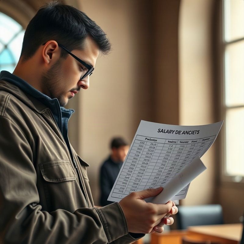 Trabajador comparando un recibo de sueldo con un gráfico impreso del índice de salarios